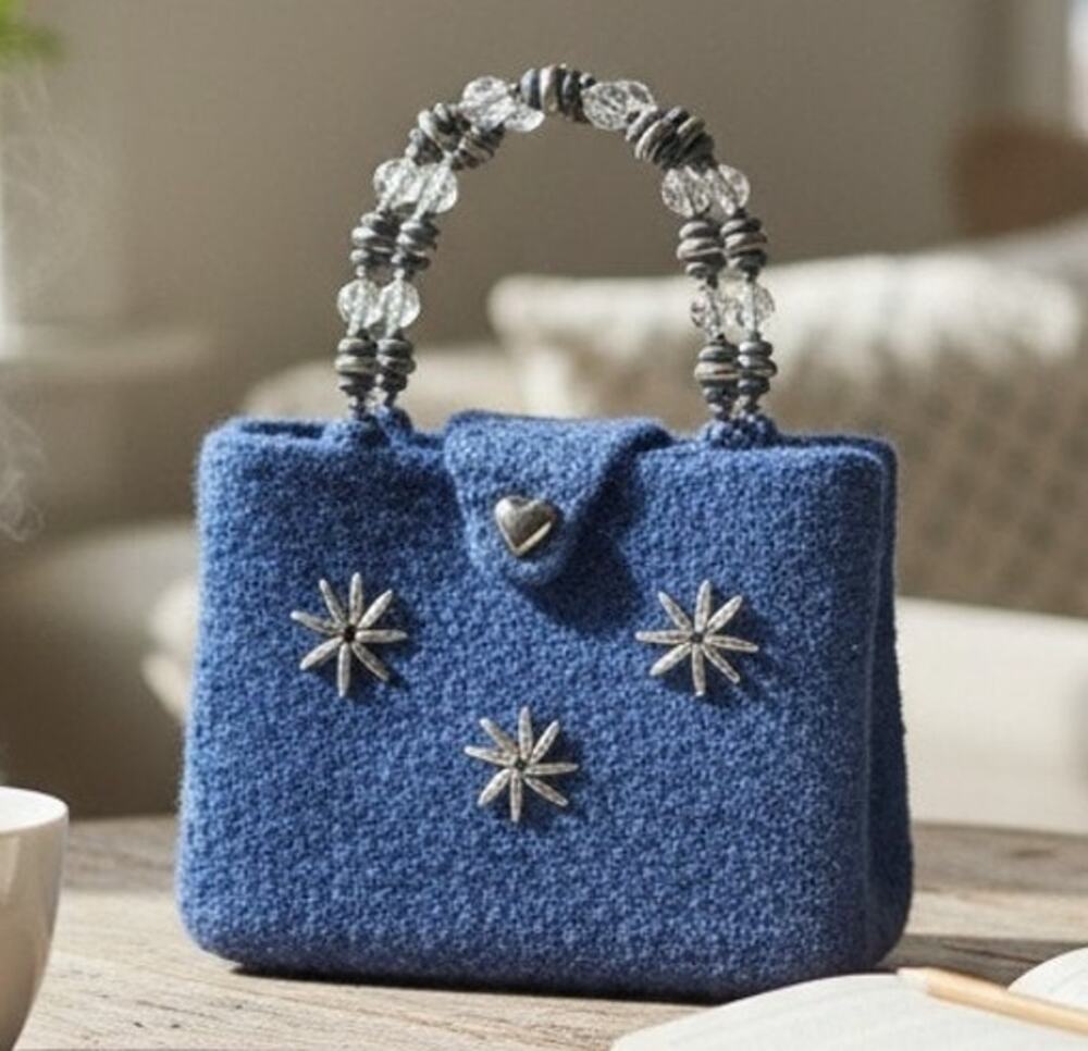 Handmade Alpaca Wool Purse Blue Satchel Bag Silver Accents 10x7.5 Vintage